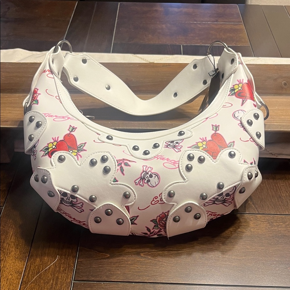 Ed Hardy White Shoulder Bag with Red and Pink Tattoo Hearts